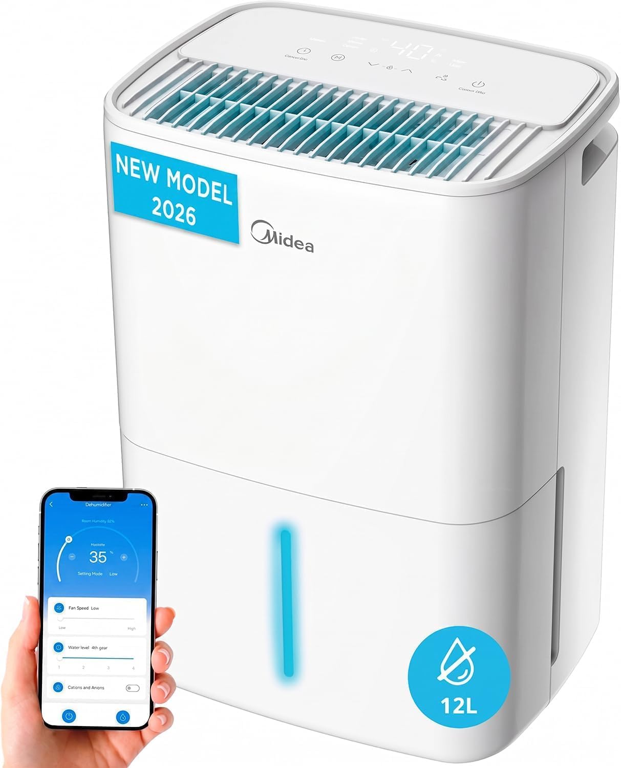 MIDEA Deshumidificateur d air Anti Moisissure 12L - Compresseur Intelligent et APP - Absorbeur d'humidité electrique - Séchage du Linge, Capteur d'humidité Auto et anti-condensation - Idéal pour 35m²