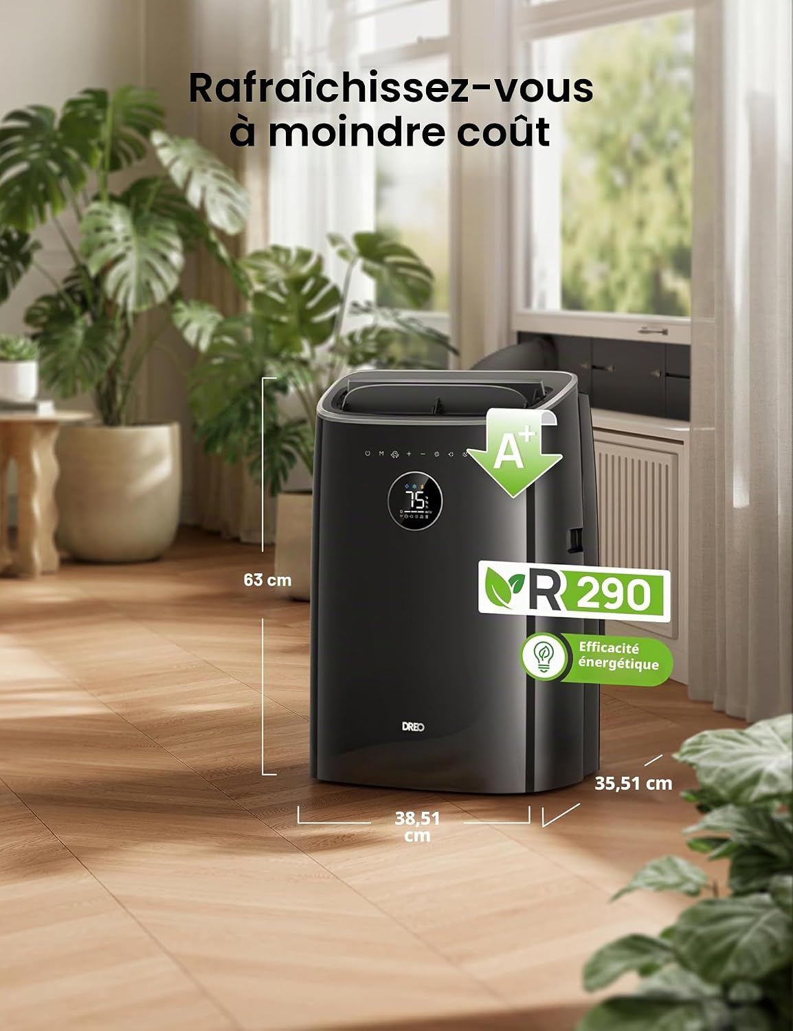 DREO Climatiseur Mobile 7 500 BTU 3 en 1 - Sans Drainage, WiFi, Contrôle Vocal, 45 dB, R290 - AC318S
