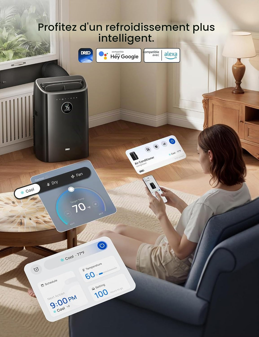 DREO Climatiseur Mobile 7 500 BTU 3 en 1 - Sans Drainage, WiFi, Contrôle Vocal, 45 dB, R290 - AC318S