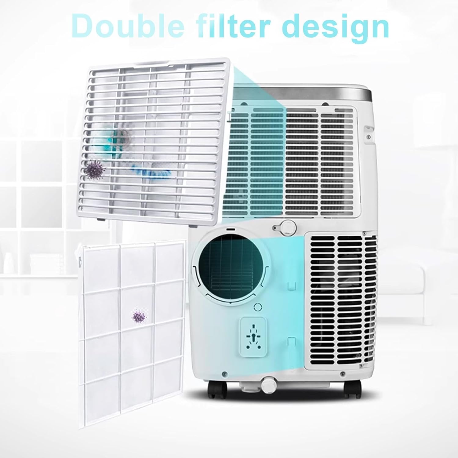 Climatiseur portable au sol 3 vitesses – Flux d'air 70°, roulettes, auto-évaporation