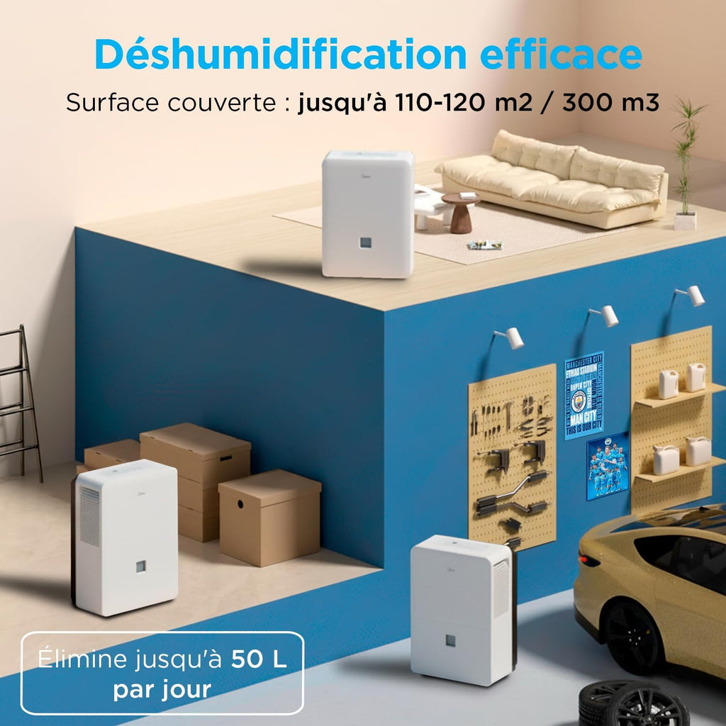 MIDEA Déshumidificateur d air Anti Moisissure intérieur 50 L/Jour | Réservoir amovible 6L, APP/Wifi, Mode Confort, Minuterie 24H | Déshumidificateur industriel de grande capacité jusqu’à 120m²/300 m³