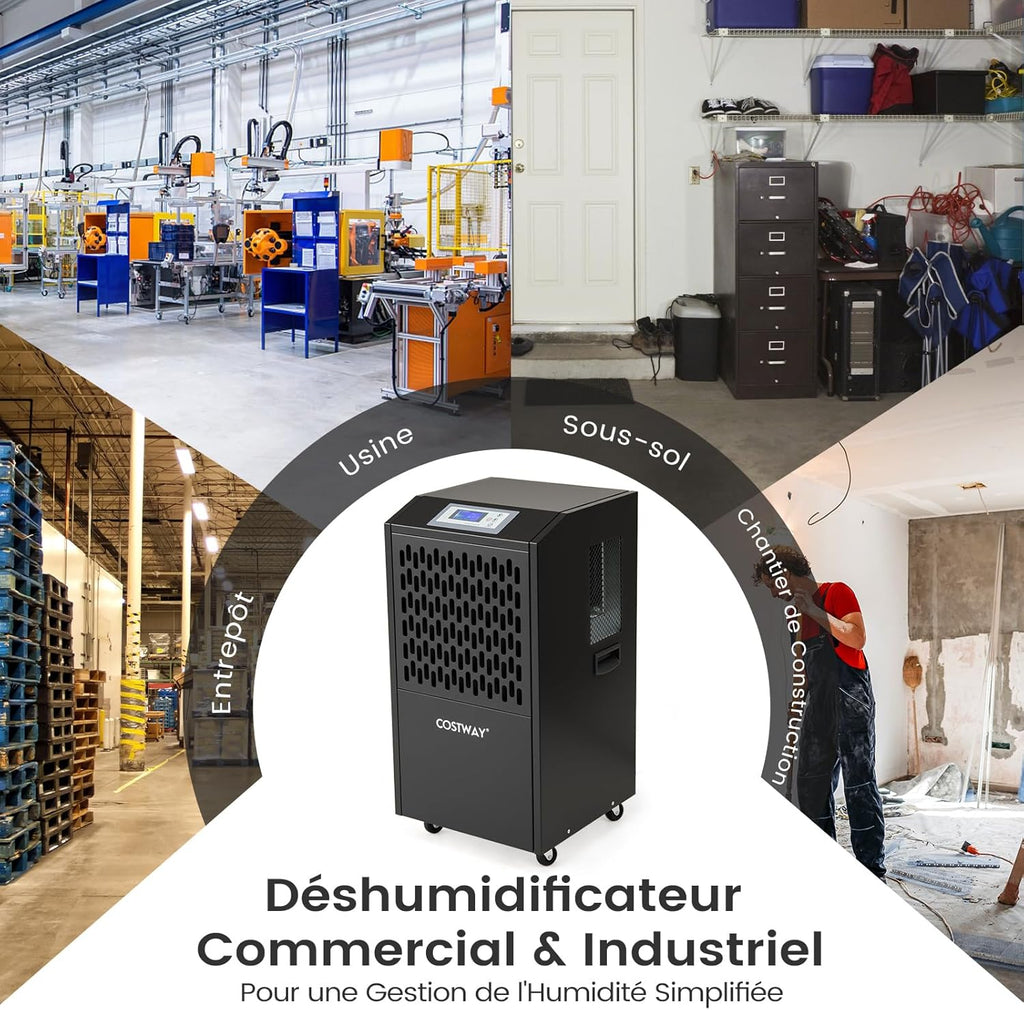 RELAX4LIFE Déshumidificateur Professionnel jusqu'à 118L/J pour 790m³, Déshumidification d'Air Industriel avec Tuyau de Vidange 1M pour Sous-Sol Entrepôt Restauration (Noir