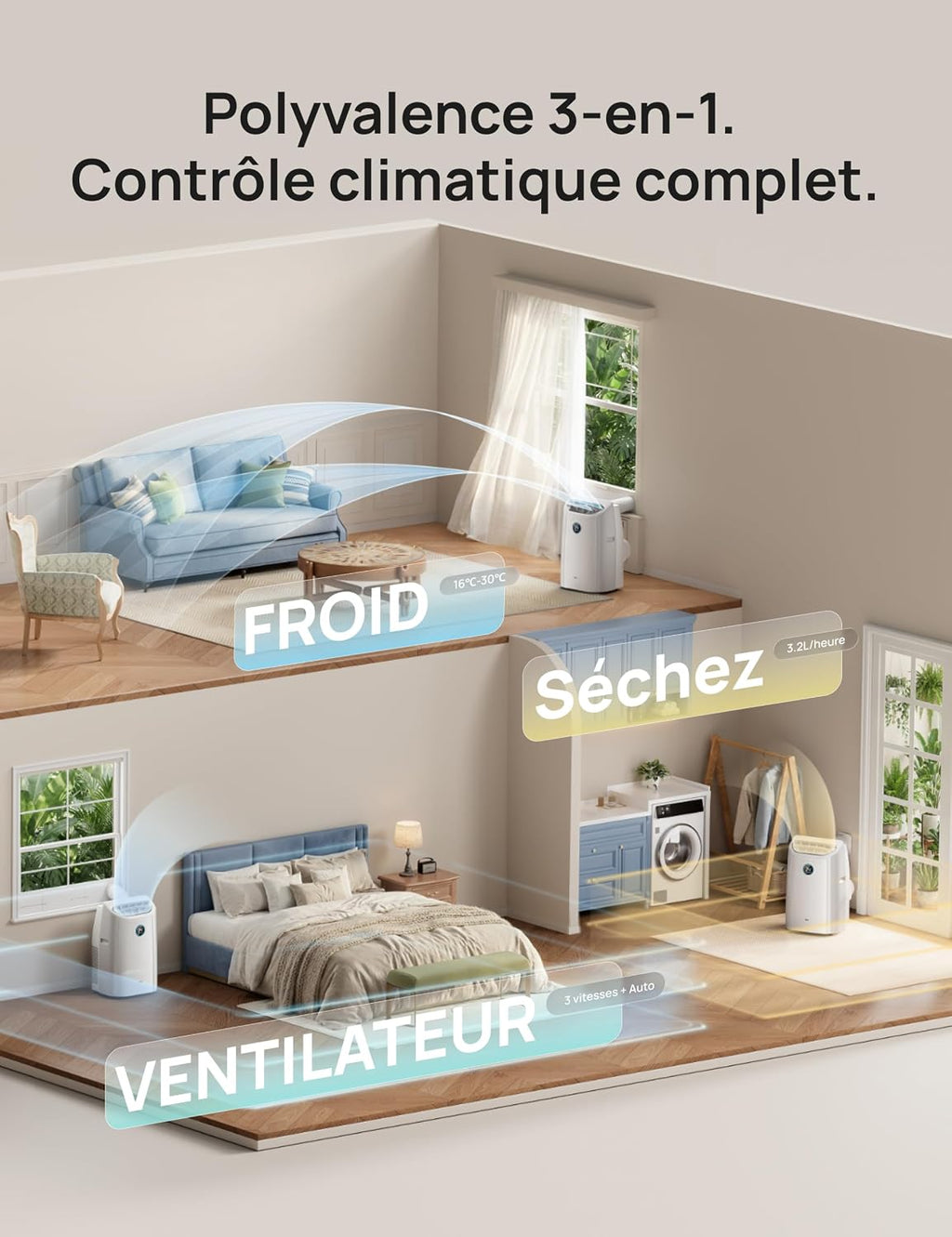 DREO Climatiseur portable 10 000 BTU – Sans drainage, WiFi, contrôle vocal