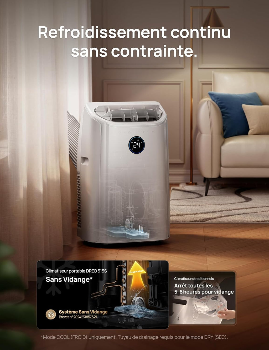 DREO Climatiseur portable 10 000 BTU – Sans drainage, WiFi, contrôle vocal