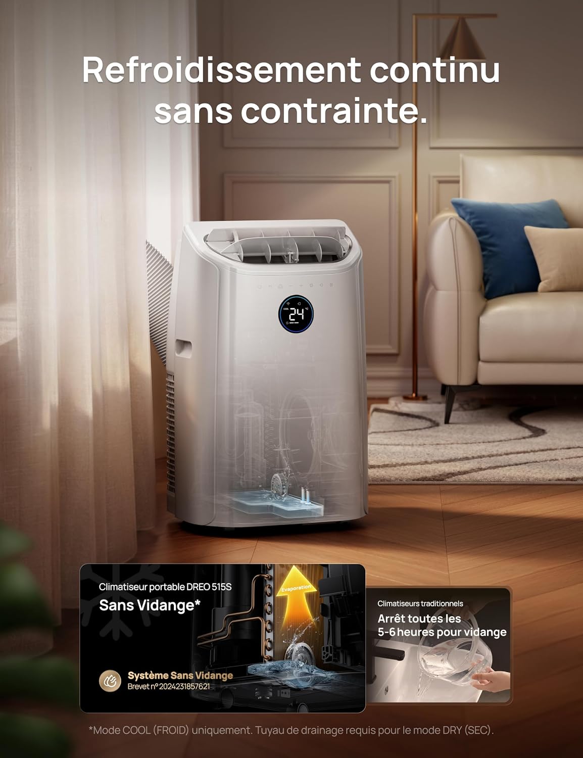 DREO Climatiseur portable 10 000 BTU – Sans drainage, WiFi, contrôle vocal