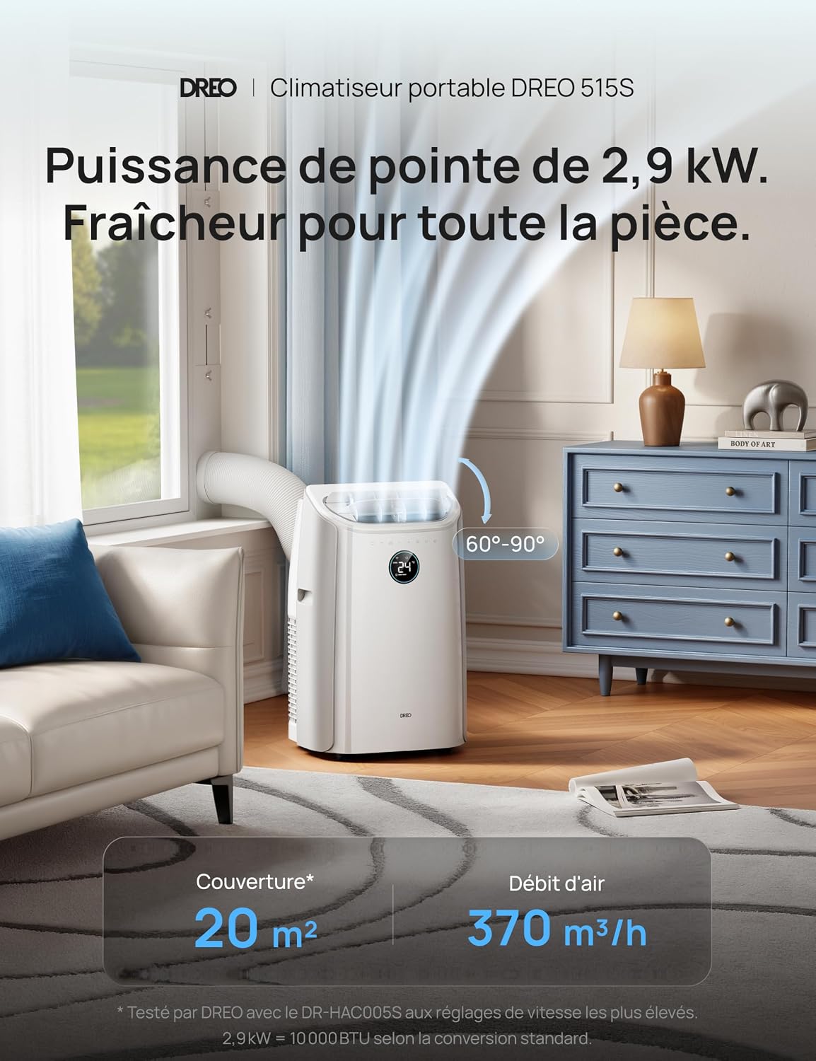 DREO Climatiseur portable 10 000 BTU – Sans drainage, WiFi, contrôle vocal