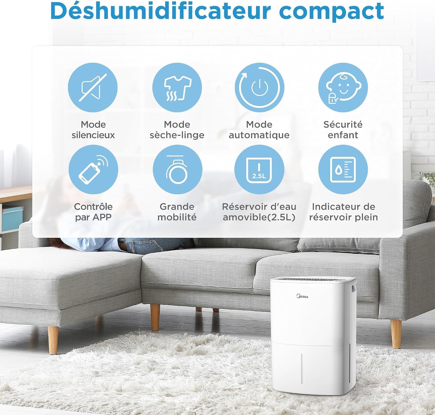 MIDEA Deshumidificateur d air Anti Moisissure 12L - Compresseur Intelligent et APP - Absorbeur d'humidité electrique - Séchage du Linge, Capteur d'humidité Auto et anti-condensation - Idéal pour 35m²
