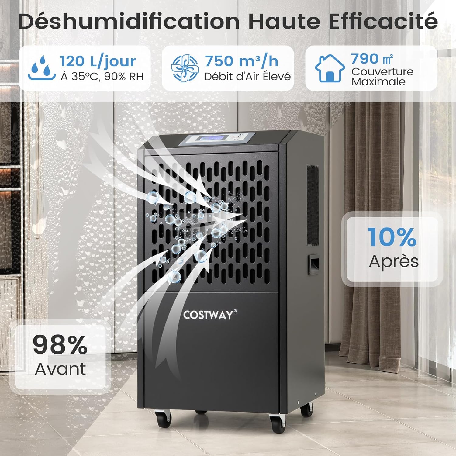 RELAX4LIFE Déshumidificateur Professionnel jusqu'à 118L/J pour 790m³, Déshumidification d'Air Industriel avec Tuyau de Vidange 1M pour Sous-Sol Entrepôt Restauration (Noir