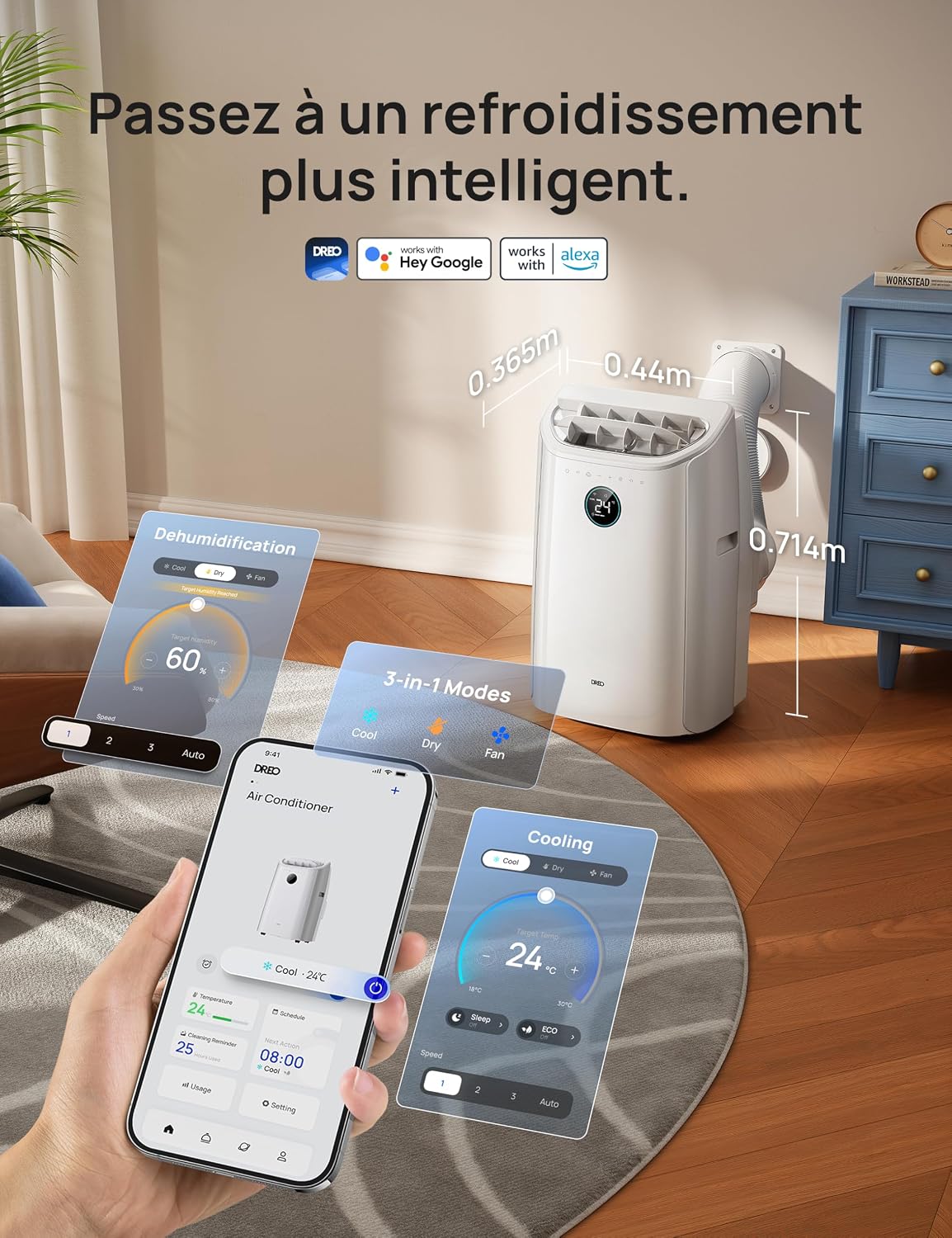 DREO Climatiseur portable 10 000 BTU – Sans drainage, WiFi, contrôle vocal