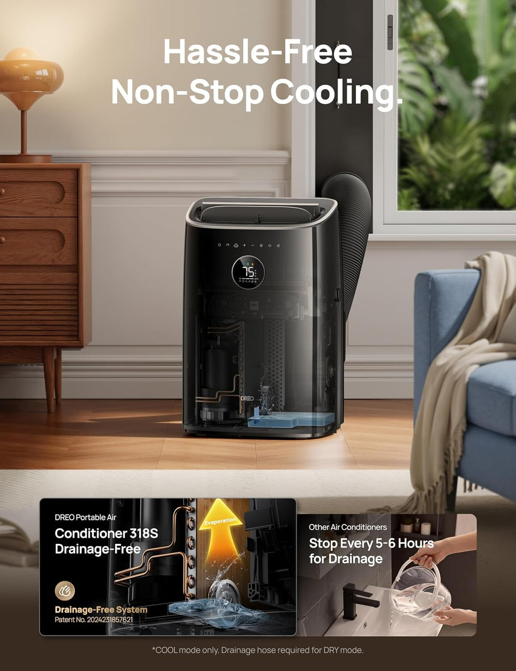 DREO Climatiseur Mobile 7 500 BTU 3 en 1 - Sans Drainage, WiFi, Contrôle Vocal, 45 dB, R290 - AC318S